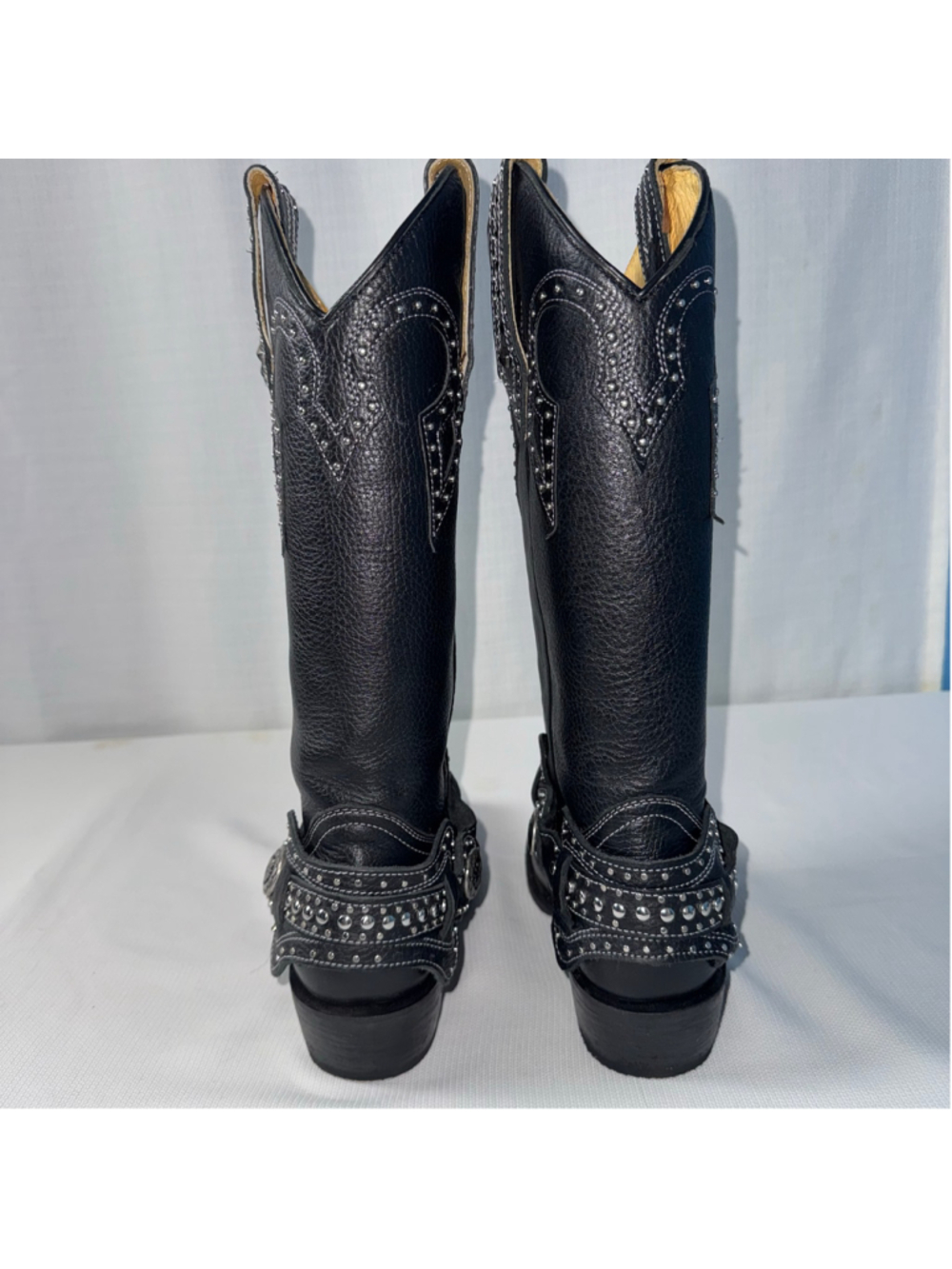 JB Dillon Snip Toe Leather Black Studded Western Cowboy Rodeo Boots Size 7 - Picture 7 of 16